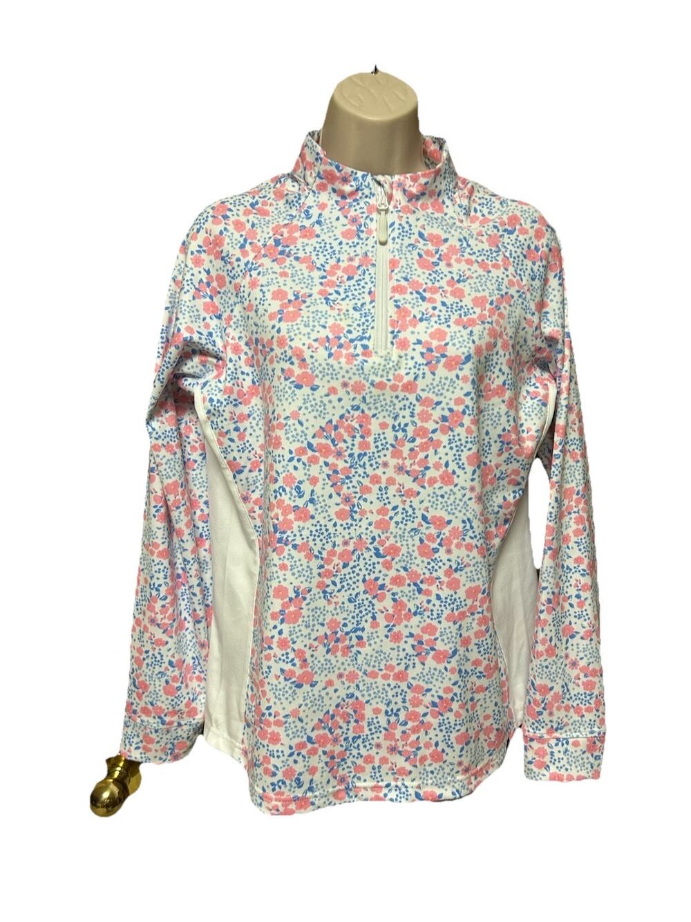 Waggle Size M women’s SHIRT Miss Daisy 1/4 Zip LS Top Floral Pink Blue Golf J25